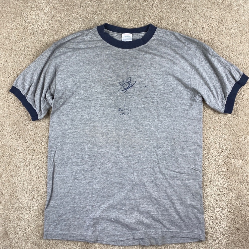 Vintage Anvil Russia 2000 Ringer T-Shirt Mens Medium Gray Navy Blue Y2K